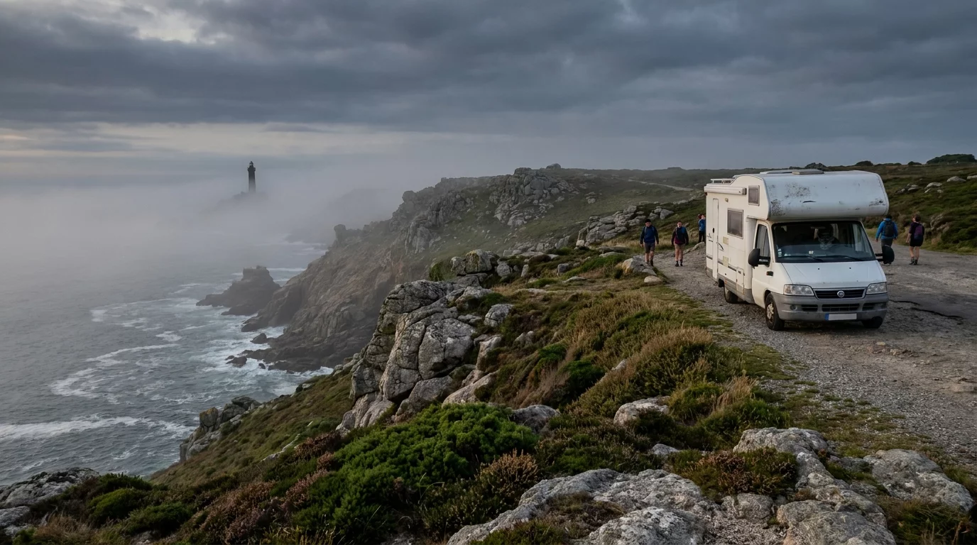 Camping-car gare devant la cote bretonne avec phare en arriere-plan
