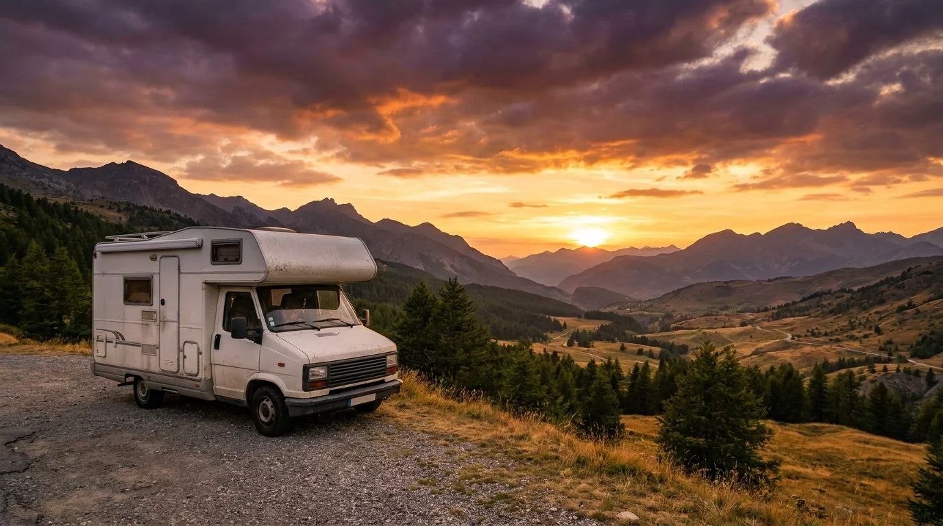 Camping-car stationne face a un paysage de montagne au coucher du soleil