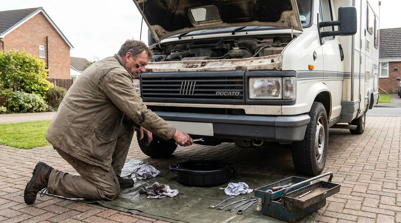 Moteur Fiat Ducato avec camping-cariste qui fait la revision