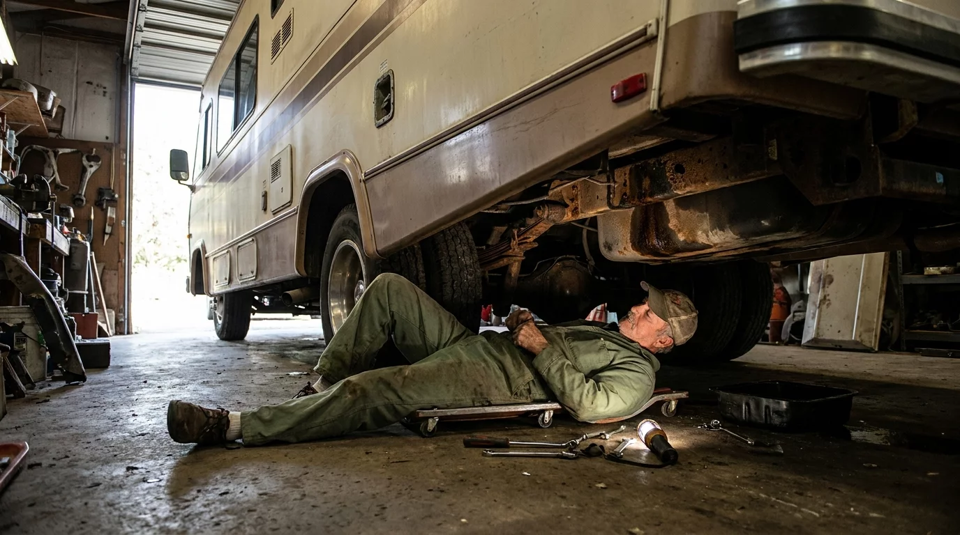 Camping-cariste effectuant une verification technique sous son vehicule