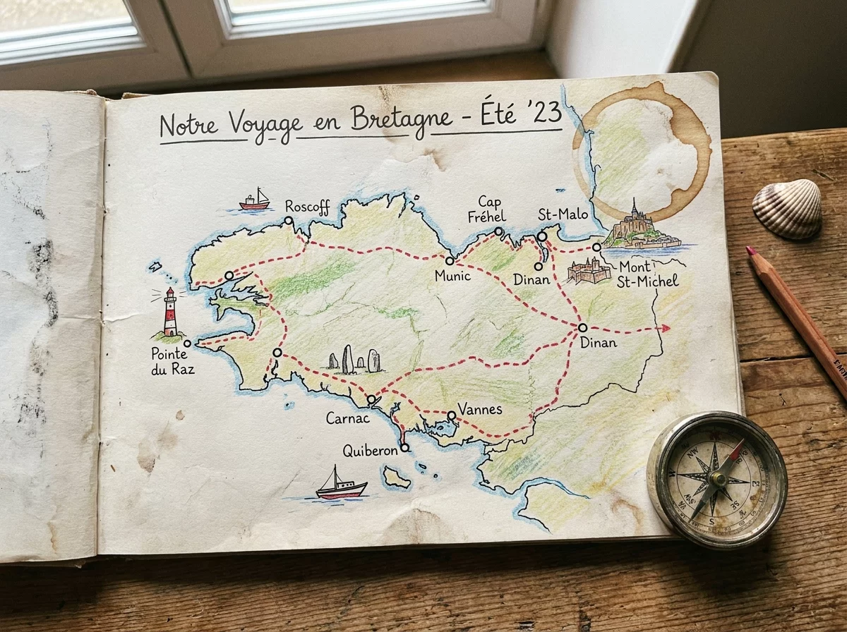 Carte de l'itineraire en Bretagne avec etapes marquees