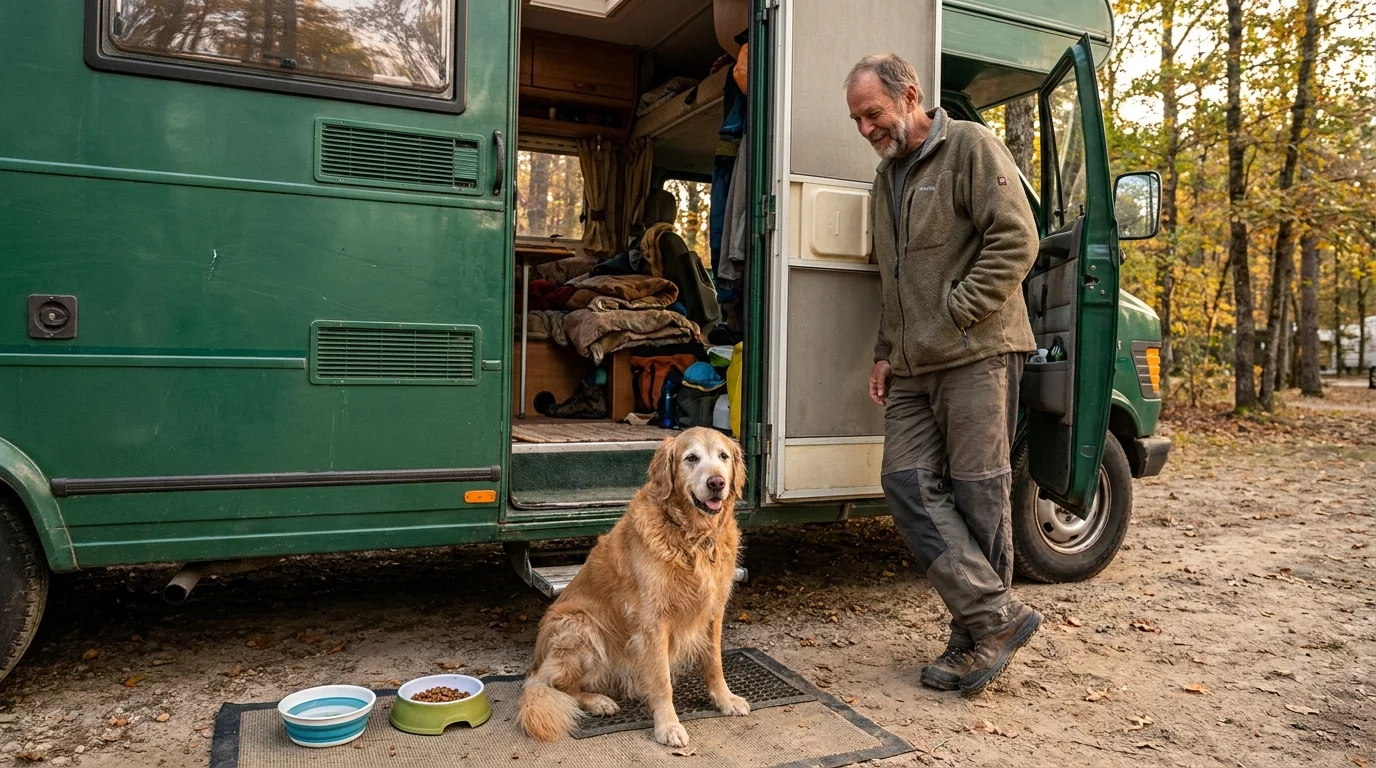 Chien assis a l'entree d'un camping-car avec son maitre