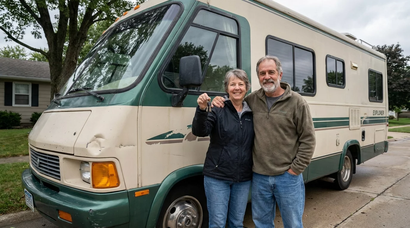 Couple de seniors souriant devant leur premier camping-car