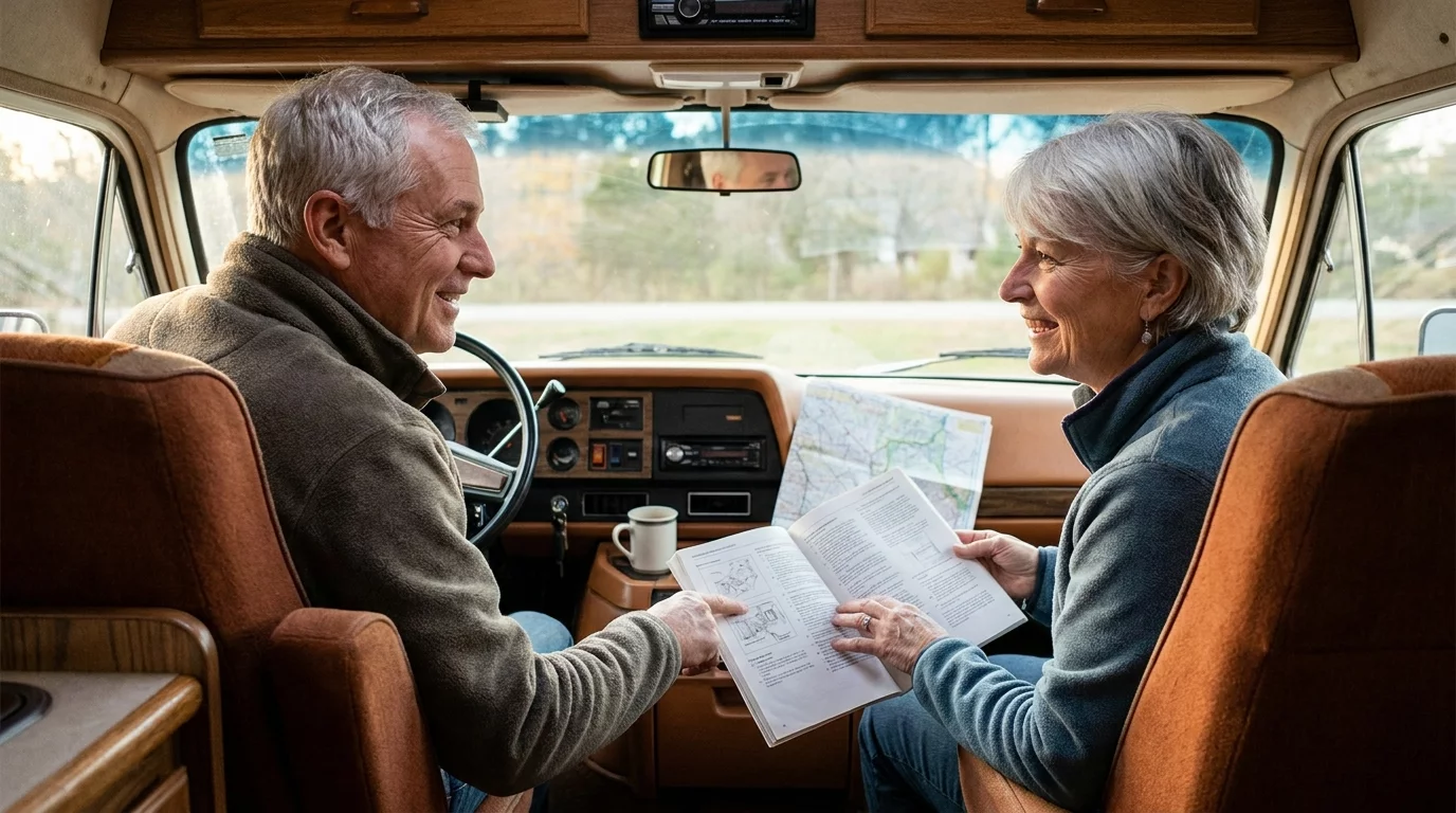 Couple senior souriant devant le tableau de bord de leur camping-car