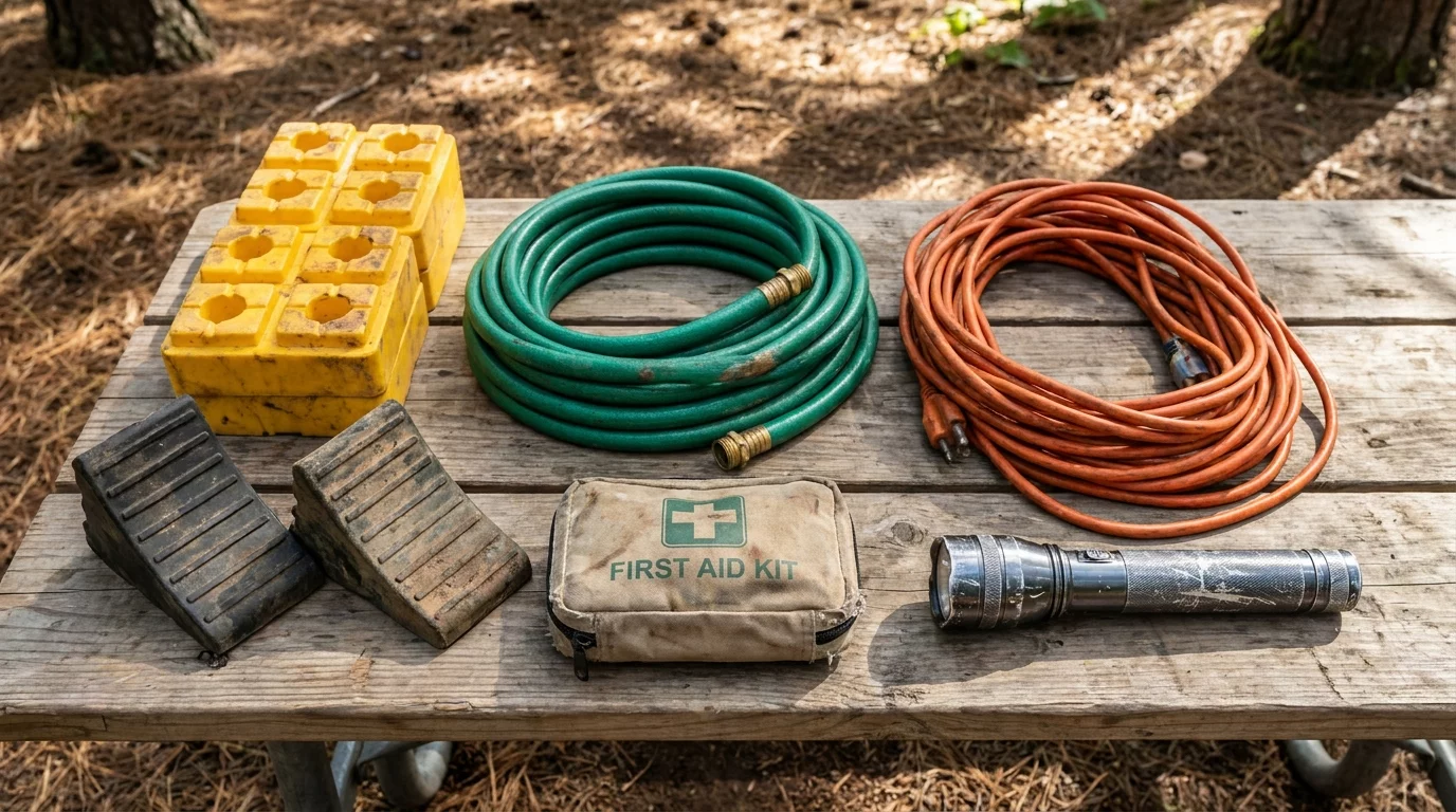 Ensemble d'accessoires camping-car disposes sur une table