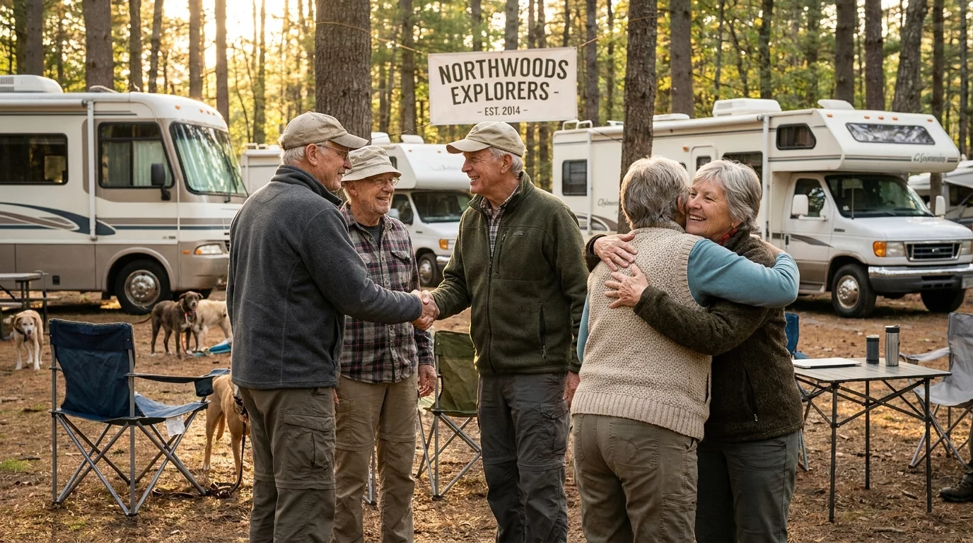 Groupe de camping-caristes se serrant la main lors d'un rassemblement