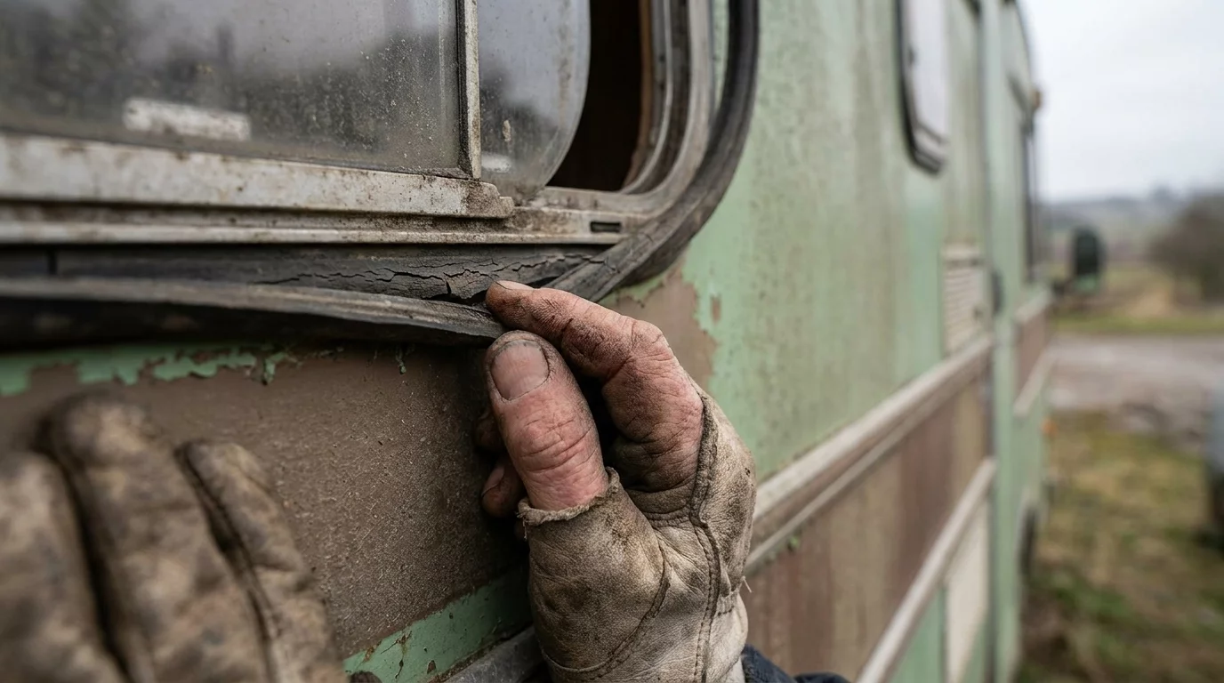 Inspection visuelle d'un joint de baie sur camping-car
