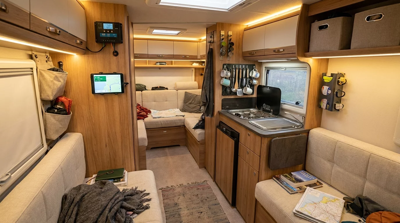 Interieur de camping-car equipe avec accessoires varies
