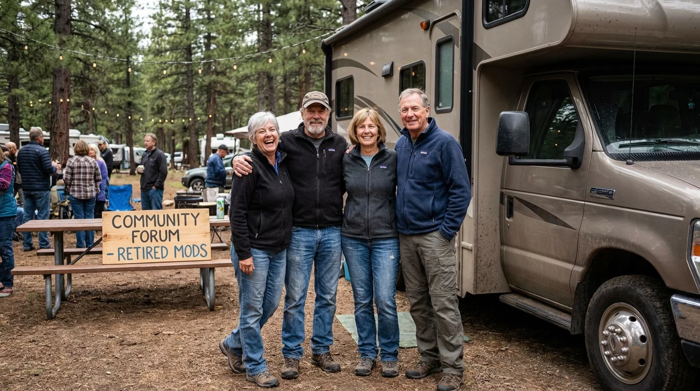 Les quatre moderateurs du forum reunis autour d'un camping-car