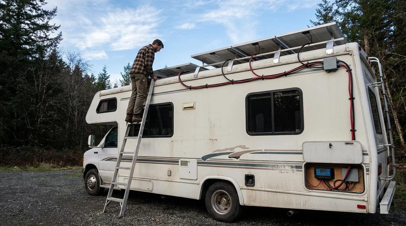 Panneaux solaires installes sur le toit d'un camping-car