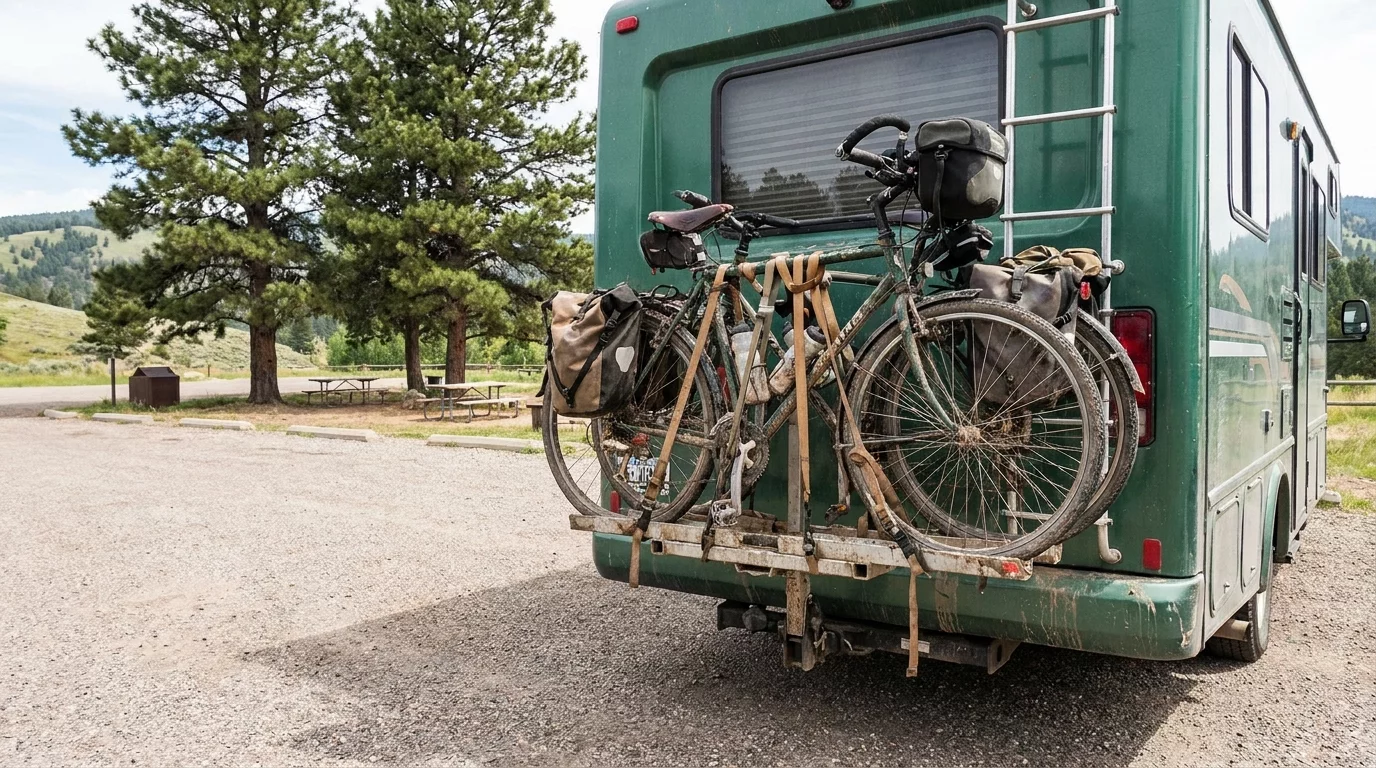 Porte-velos installe a l'arriere d'un camping-car avec deux velos