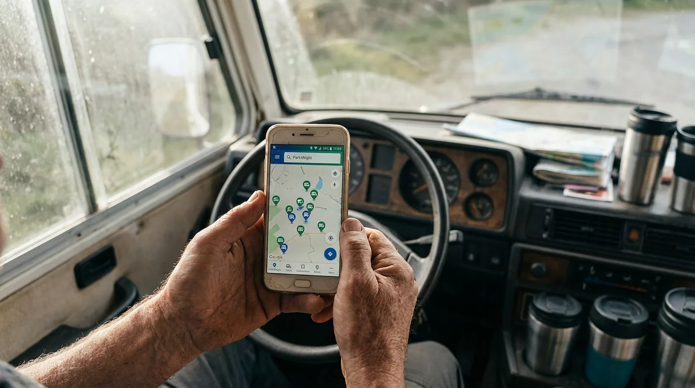 Smartphone affichant une application de recherche d'aires CC