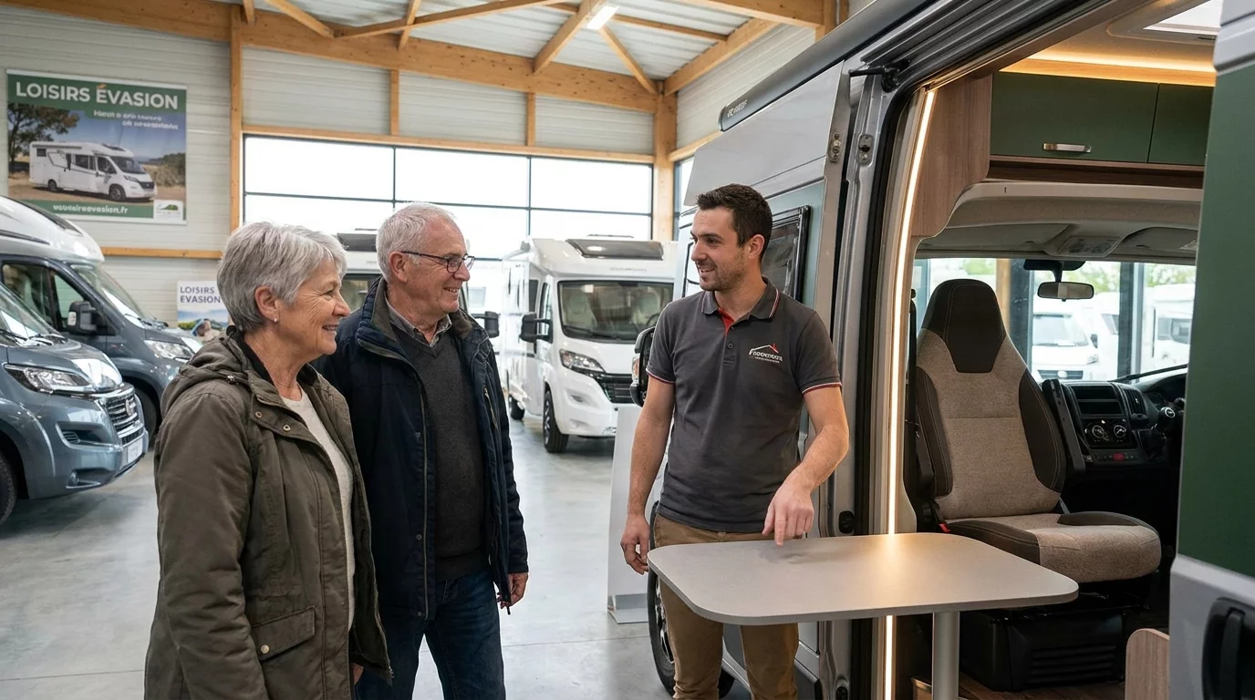 Visite d'un camping-car chez un concessionnaire avec un couple